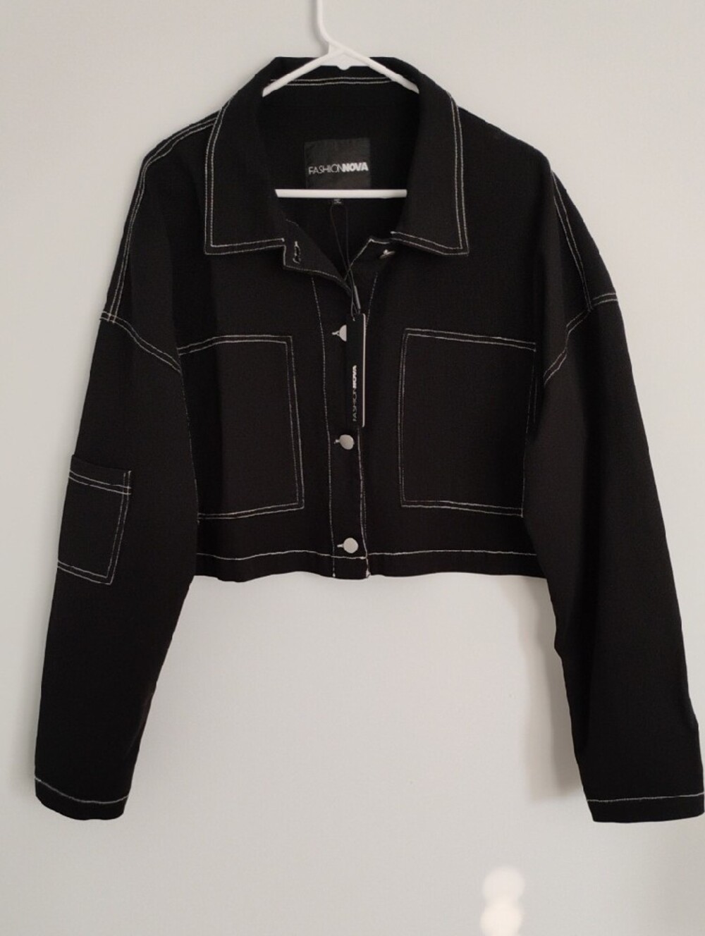 Fashion Nova Take A Risk Denim Trucker Black Crop Jacket Contrast Stitching - XL